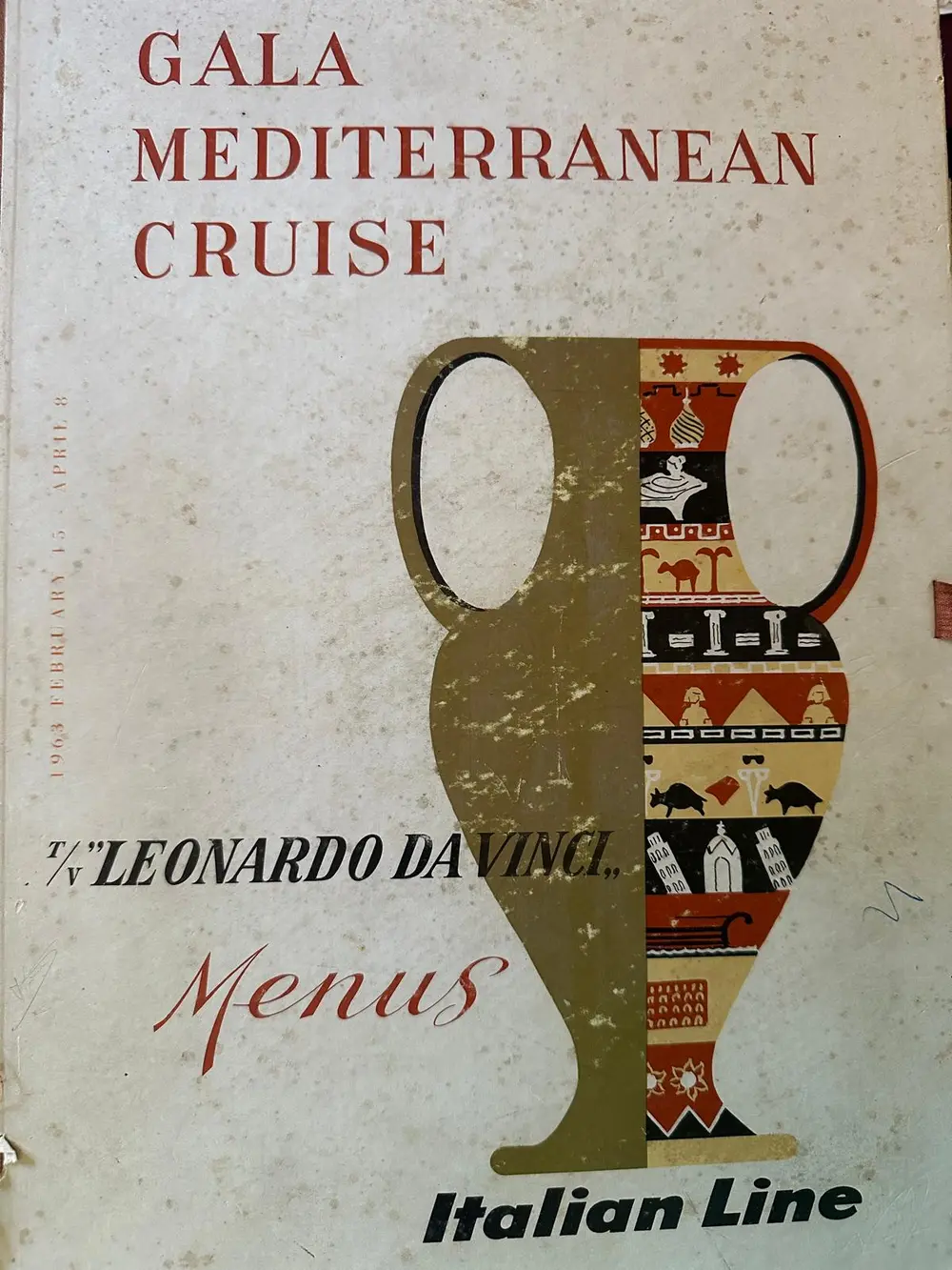 Copertina del menu «Gala Mediterranean Cruise» della nave Leonardo da Vinci, Italian Line, 1963